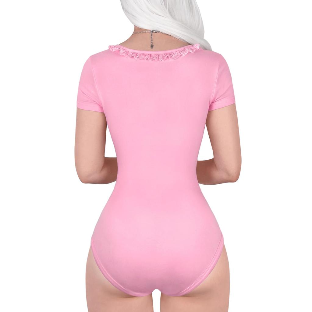 LittleForBig Adult Romper [Classic Lolita] Cotton Pajamas with Ribbon Bow, Bodysuit, Pink, Size L