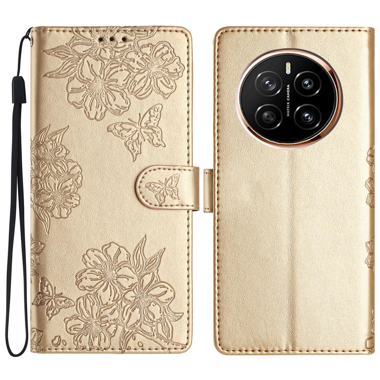 

For Honor Magic7 Pro 5G Case Butterfly Flower Drop-Proof PU Leather Wallet Phone Cover Gold