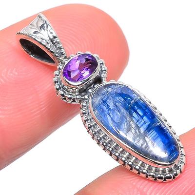 Natural Kyanite, Amethyst Gemstone 925 Solid Sterling Silver Pendant 1.26" P3y35