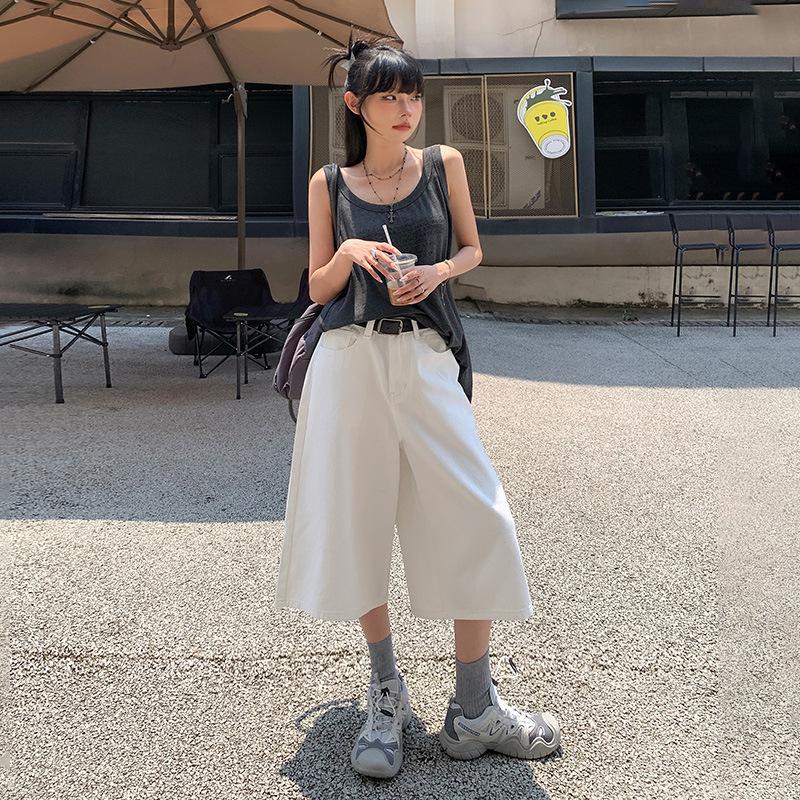 

Американские синие укороченные джинсы в стиле ретро для женщин, джинсовые короткие брюки с высокой посадкой, повседневные широкие прямые брюки XXS белый