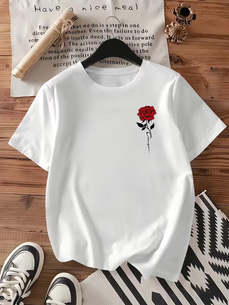 Womens Rose Floral Print Tshirt Soft Short Sleeve Casual Tee Elegant Rose Womens Tshirt for Daily Outfits and Relaxation