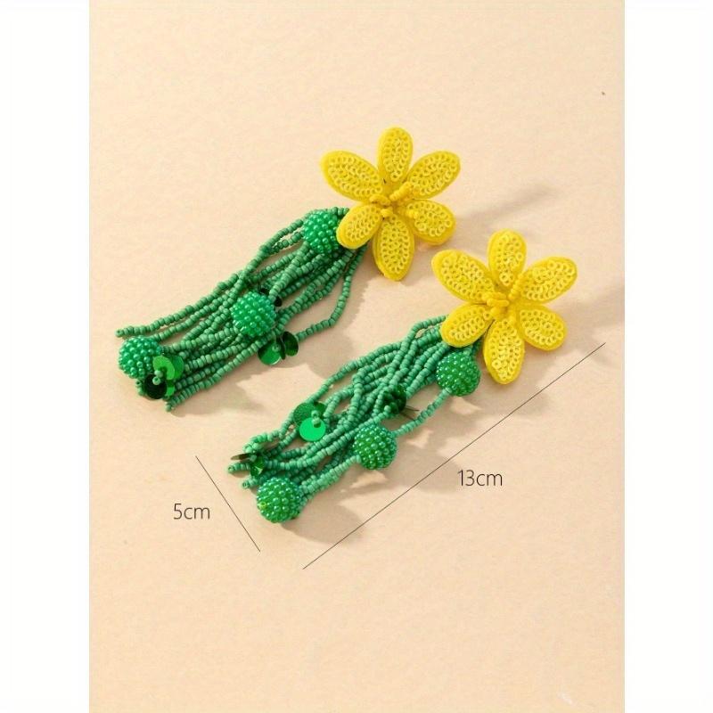 1 Pair Spring/Summer New Bohemian Style Handmade Beaded Flowers & Sequin Tassel Fashion Earrings for Women