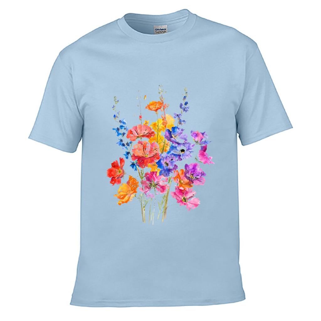 Colorful Wildflowers Watercolor Floral Bouquet Botanical Art Unisex Summer Washed Tee Loose Distressed Top