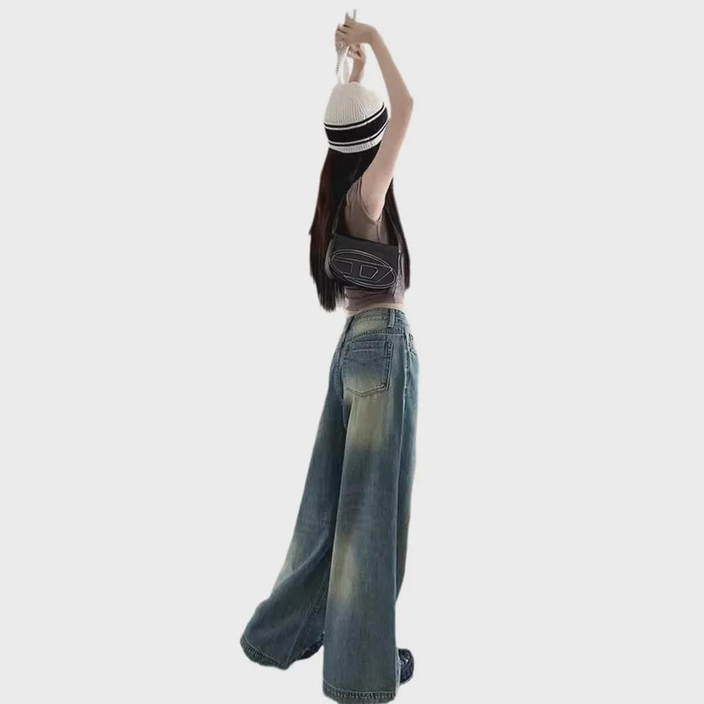 2024 Retro Blue High Waist Wide Leg Women's Washed Jeans