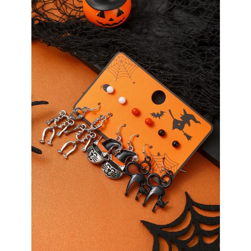 Hot Sale Halloween Stud Earrings Combination Cartoon Funny Pumpkin Head Ghost Bat Element Stud Earrings Set
