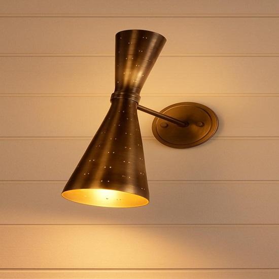 

Mid-Century Modern Pure Brass Wall Sconce: Double Cone Hourglass Light Heavy Grade