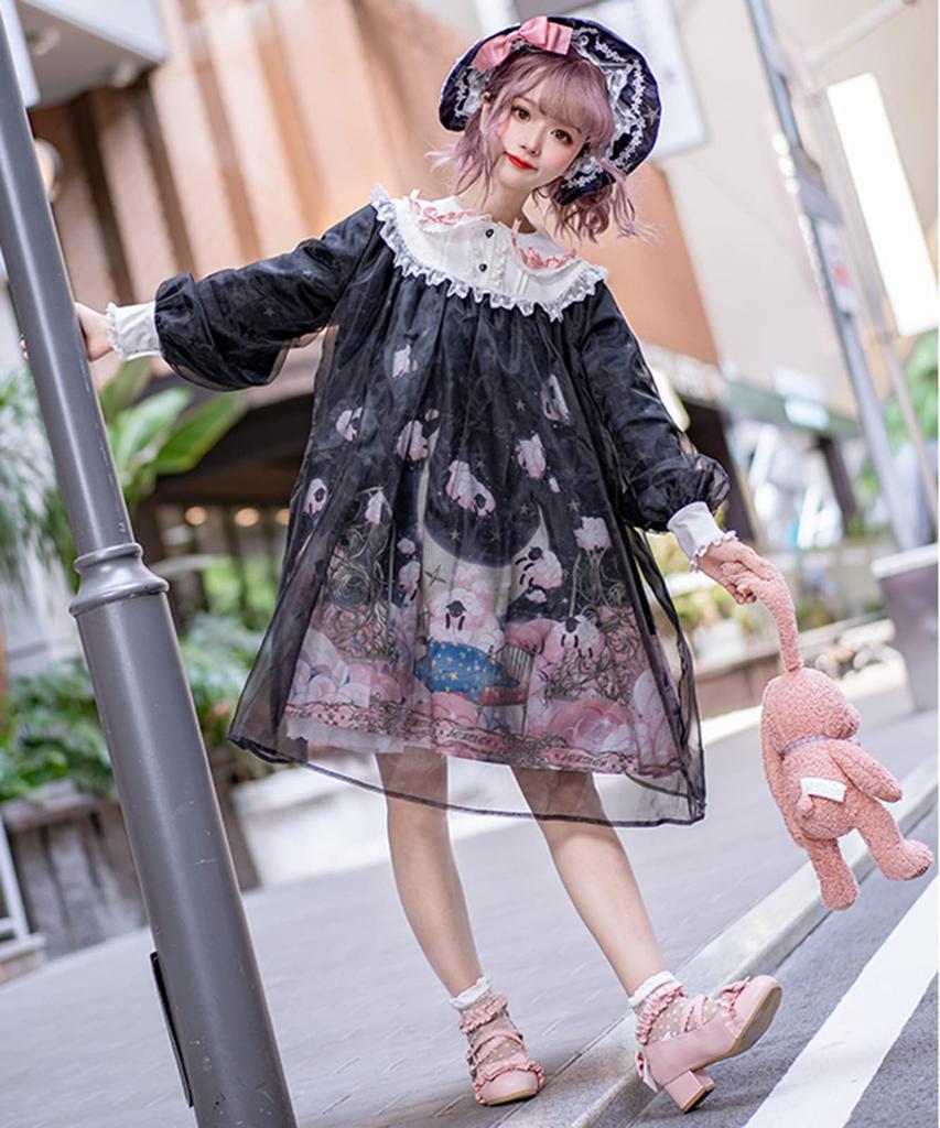 Milky Time Gothic Lolita Dress, Long Sleeve, Black Chiffon, Sheep Print, Cosplay Costume, Women's, Medium