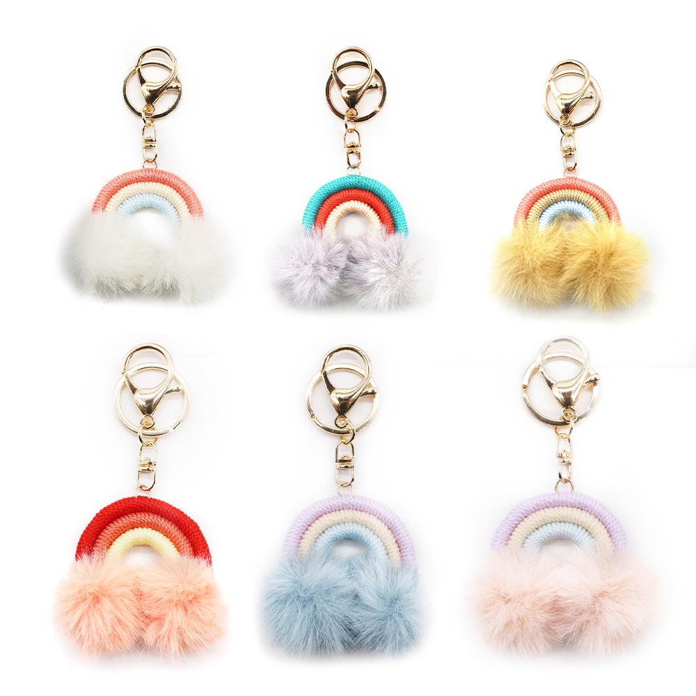 Korean Style Rainbow Fluffy Ball Keychain - Handmade Woven Bag Pendant