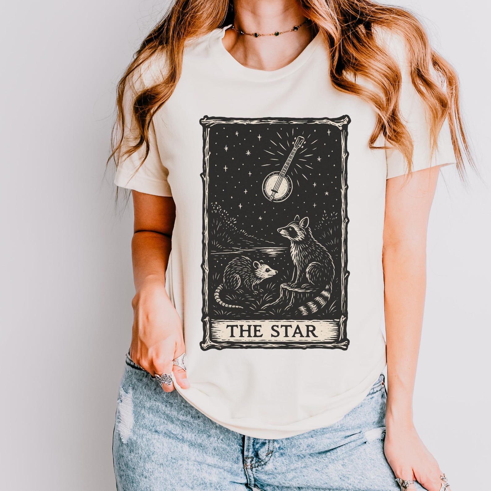 Tarot Card Raccoon Shirt | The Star Tarot | Witchy Animal | Celestial Folk Art | Nature Witch Gift S