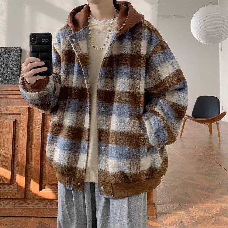 Men's Woolen Color Block Plaid Hooded Jacket - Trendy, High-End Autumn/Winter Casual Wear