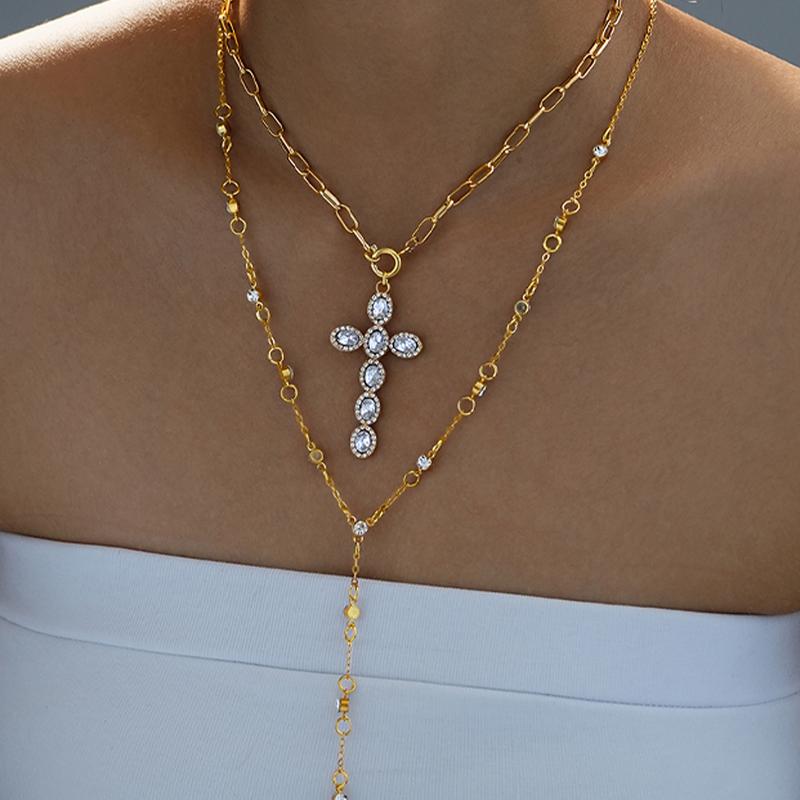 

2pcs Gold Color Retro Zircon Cross Pendant Necklace Set Simple Light Luxury Stacked Necklaces For Women Party Jewelry Gifts New