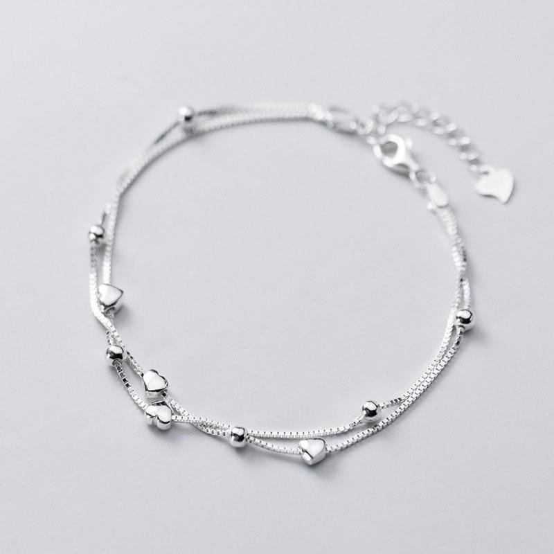 925 Sterling Silver Women Foot Jewelry Double Layer Box Chain Heart Shape Anklet