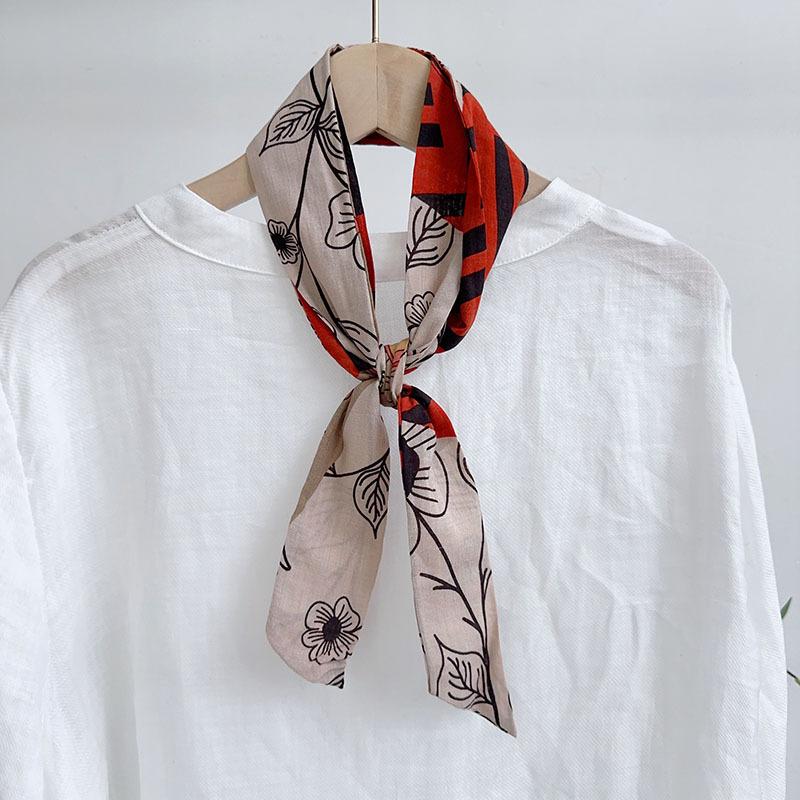 Spring Summer Floral Print Cotton Skinny Scarf Women Soft Neckerchief Hairband Lady Headband Bagscarf Female Neck Ties