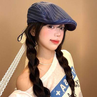 25 Nieuwe schattige en coole kanten streamer gestreepte retro voorwaarts hoed dames literair en veelzijdig krantenjongensmuts grote hoofdomtrek baret