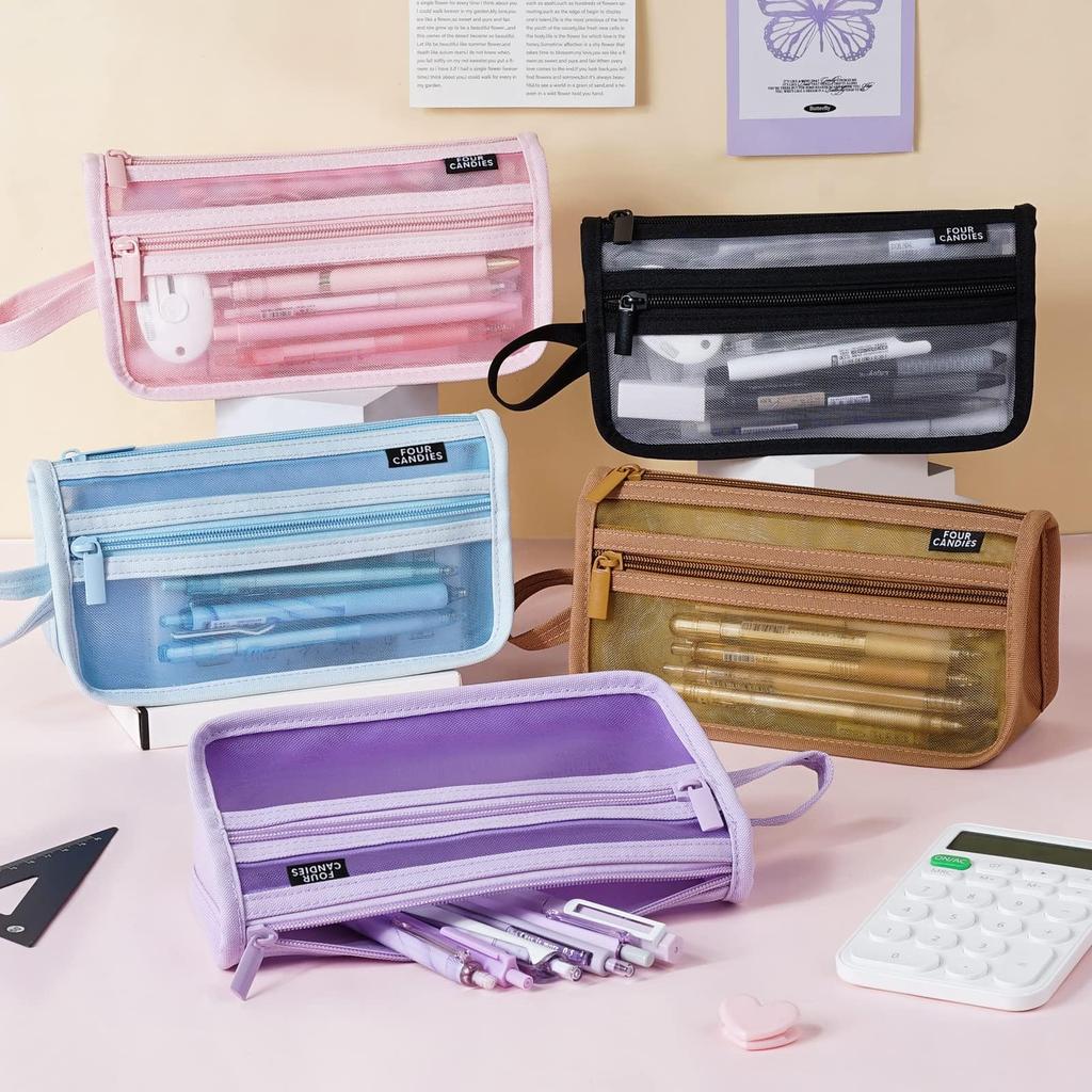 Four Candies Pencil Transparent Mesh Large Capacity with Handle and Clear Pencil Marker Travel Makeup Cute Transparent Stationery for and Students