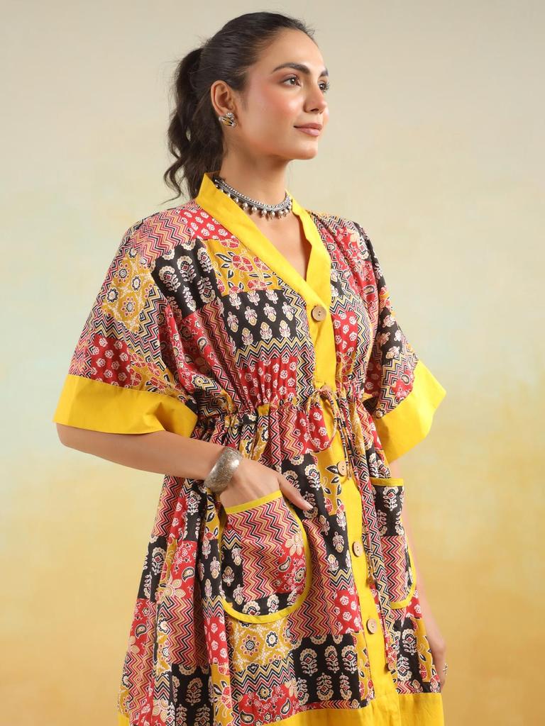 Hand block printed cotton top tunic kaftan handPrinted cotton w/pockets tunic loose fitting free size tunic RedYellow Kaftan Limited edition