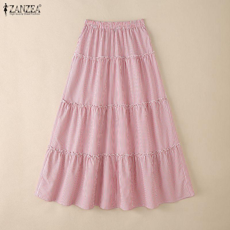 ZANZEA Women Casual Elastic Waist Loose Stripe Long Skirts