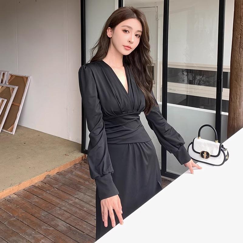 French v-neck black dress women's spring temperament waist thin sexy temperament dress long skirt