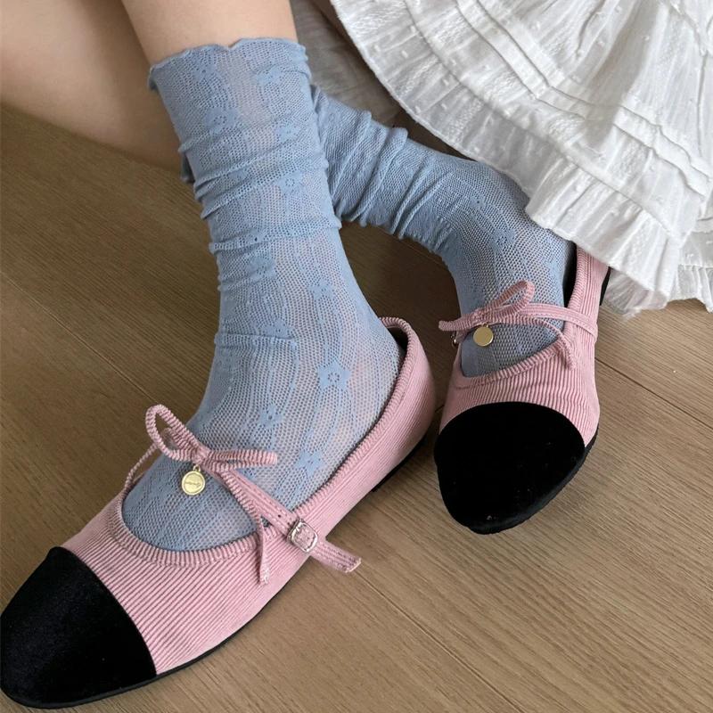 1 Paar Spitzensocken für Damen, aushöhlen, Netzstoff, dünn, atmungsaktiv, Sommer, lose, lange Socken, Blumenstickerei, süße Mädchen, japanische Kawaii-Socken