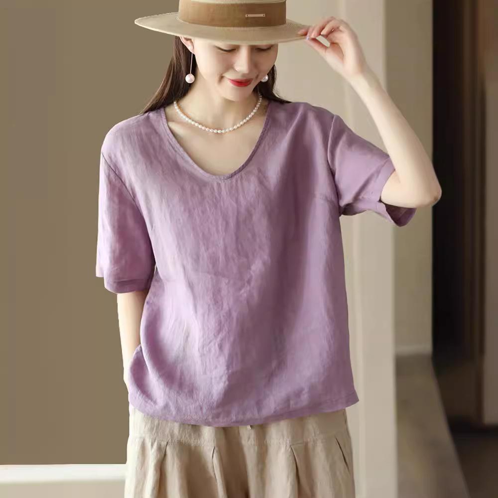 New retro cotton and linen top women's loose and thin V-neck short-sleeved jumper casual solid color T-shirt linen shirt summer