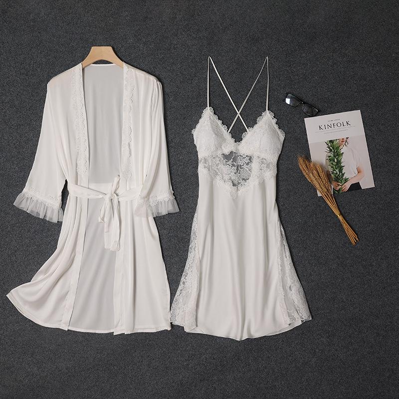 

Women s Sexy Satin Nightgown & Lace Robe Set XL белый