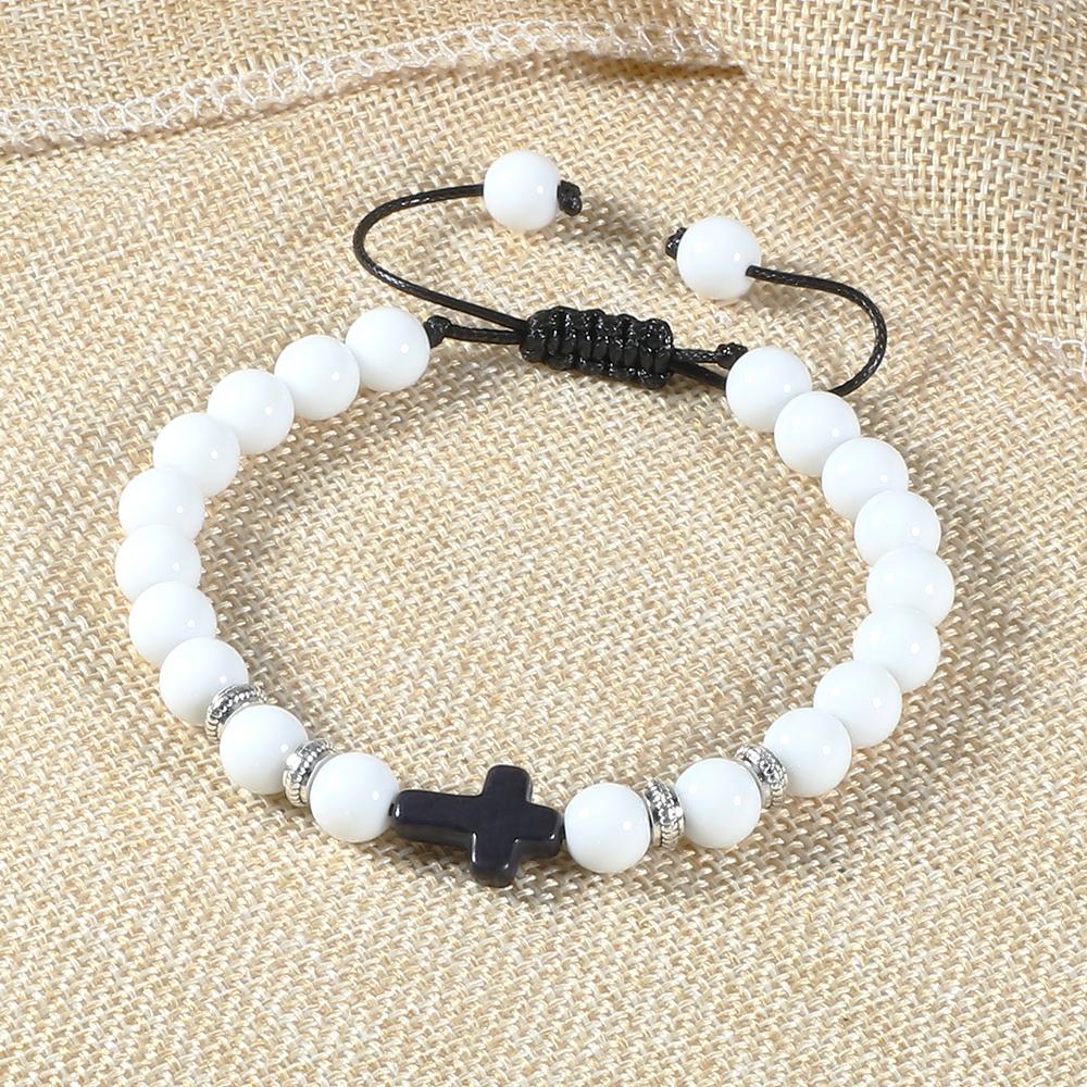Men Women Braided Bracelet 8MM Natural Stone Christian Bless Jesus Cross Hematite Bead Bracelets Bangles Prayer Handmade Jewelry