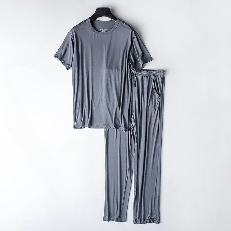 Mens Spring and Summer Updated Modal Pajamas Two-piece Short-sleeved Trousers Thin Large Size Comfortable Fit Athletic Home Wear Suit Sleepwear