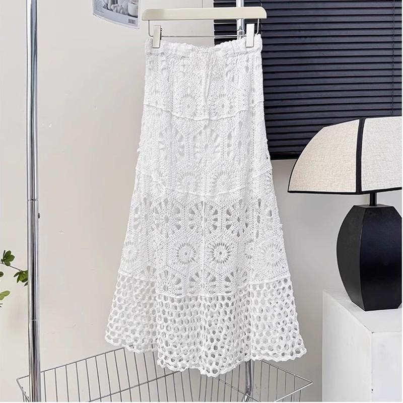 

DIMANAF 2025 Новая юбка женская вязаная кружевная однотонная ажурная сексуальная ажурная летняя стильная свободная базовая One Size белый