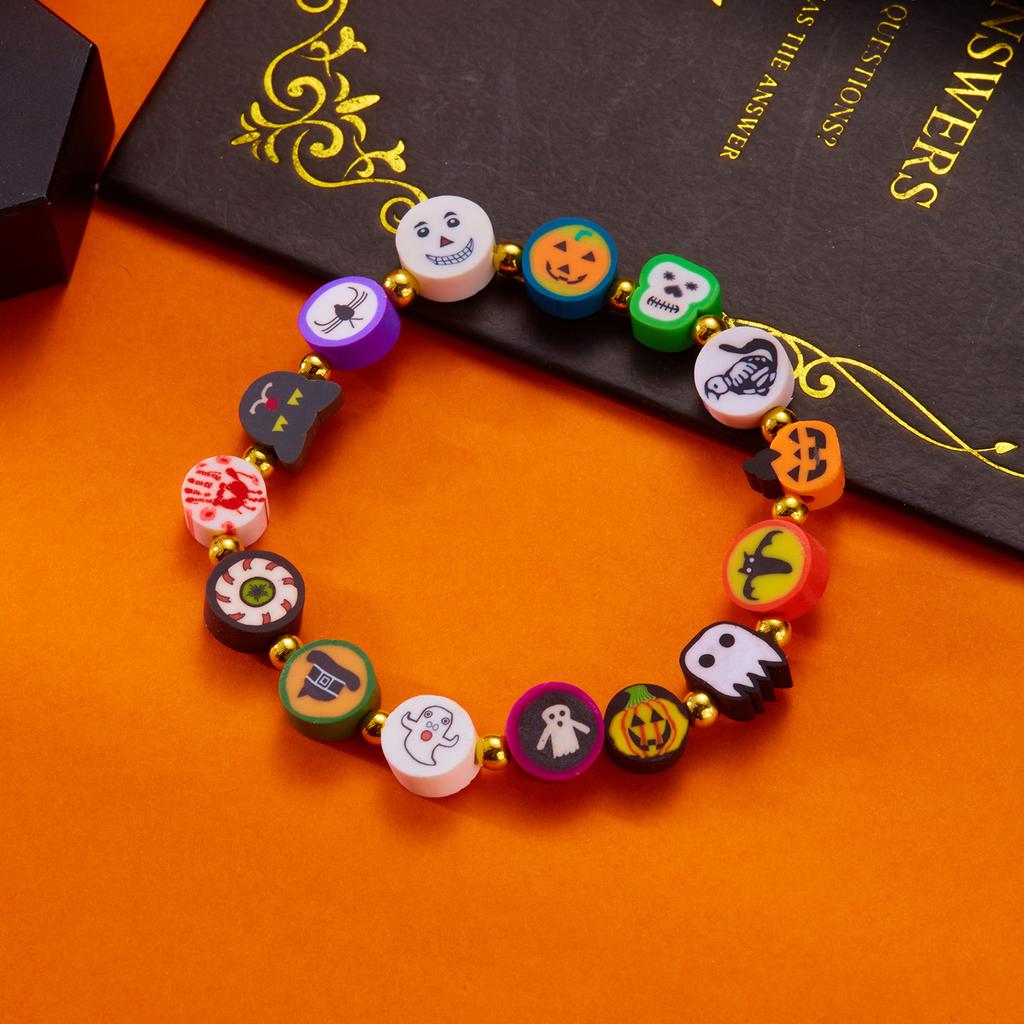 Handmade Polymer Clay Beaded Bracelets for Women Girls Cute Cartoon Pumpkin Ghost Pattern Bracelet Halloween Party Jewelry Gifts