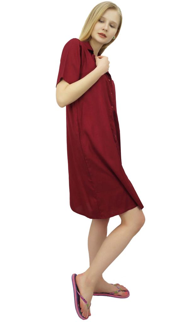 Bimba Women's Nightwear Beige Shirt Short Sleeve Dress With Pockets