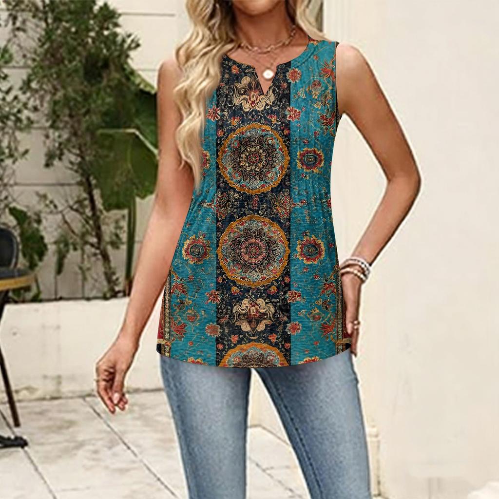 Damen Neues Retro Floral Gestreift Strukturiert Bedrucktes V-Ausschnitt Locker Lässiges Ärmelloses Falten-Westen-Top