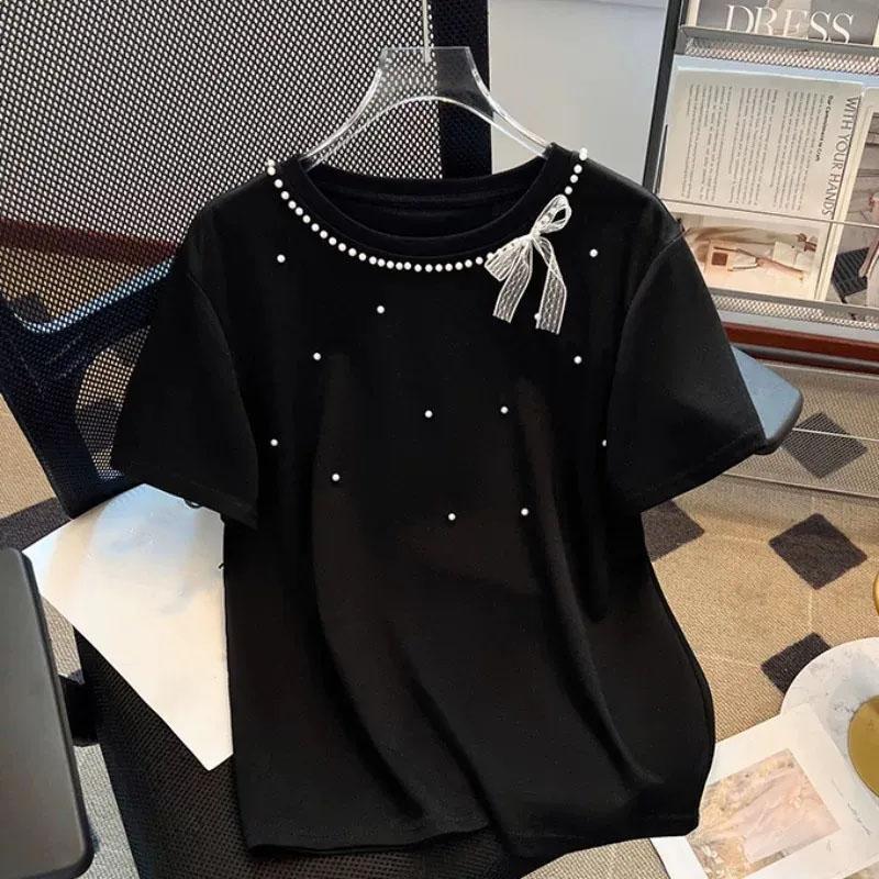 

Женская летняя футболка с круглым вырезом, свободная повседневная хлопковая блузка с коротким рукавом, топ с бантом XXXL чёрный