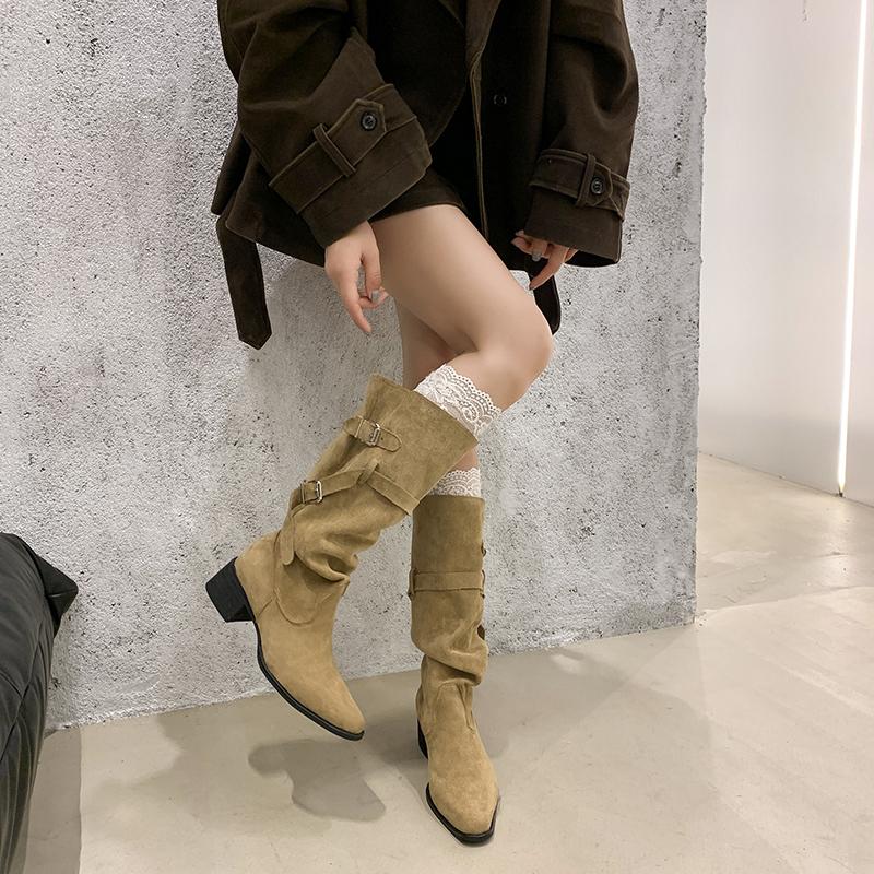 

Новый стиль Роскошная женская мода Острый ковбойский грубый каблук Наборные ботинки Без колена Широкое голенище Женские ботинки Zapatos Mujer 40 хаки