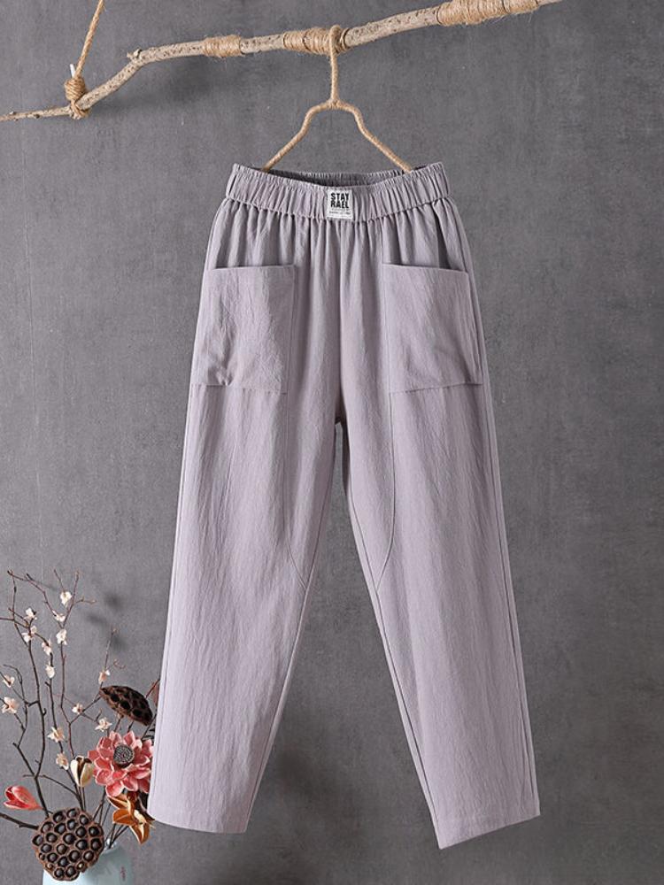 Pantaloni Drepți din Bumbac și In Ușor pentru Femei Plus Size - Stil Harem Casual Alb, Bandă Elastică în Talie, pentru Primăvară/Vară/Toamnă