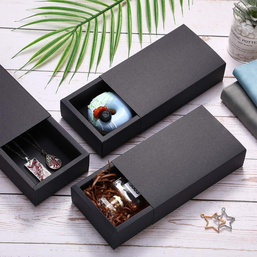 8pcs Black Kraft Paper Drawer Box Mini Crafts Cardboard Present Boxes Soap Jewelry Party Favors Packaging Boxes Foldable Square Jewelry Display