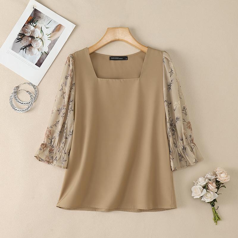 ZANZEA Womens Square Collar Casual Print Splice 3/4 Sleeve Blouse S хаки