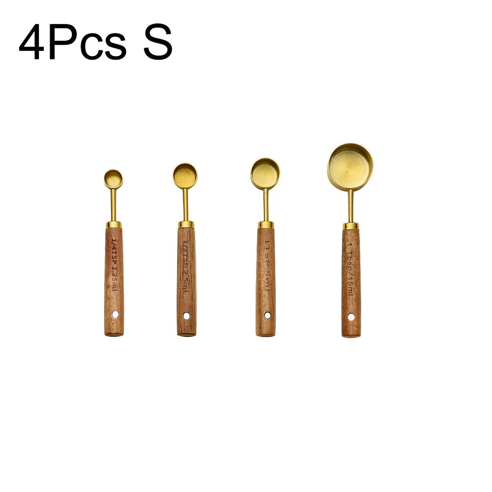 

D5 Gold Wooden Handle Stainless Steel Measuring Cups Spoons Baking Tools Coffee Measuring Spoon Set Bartending Scale Accessories