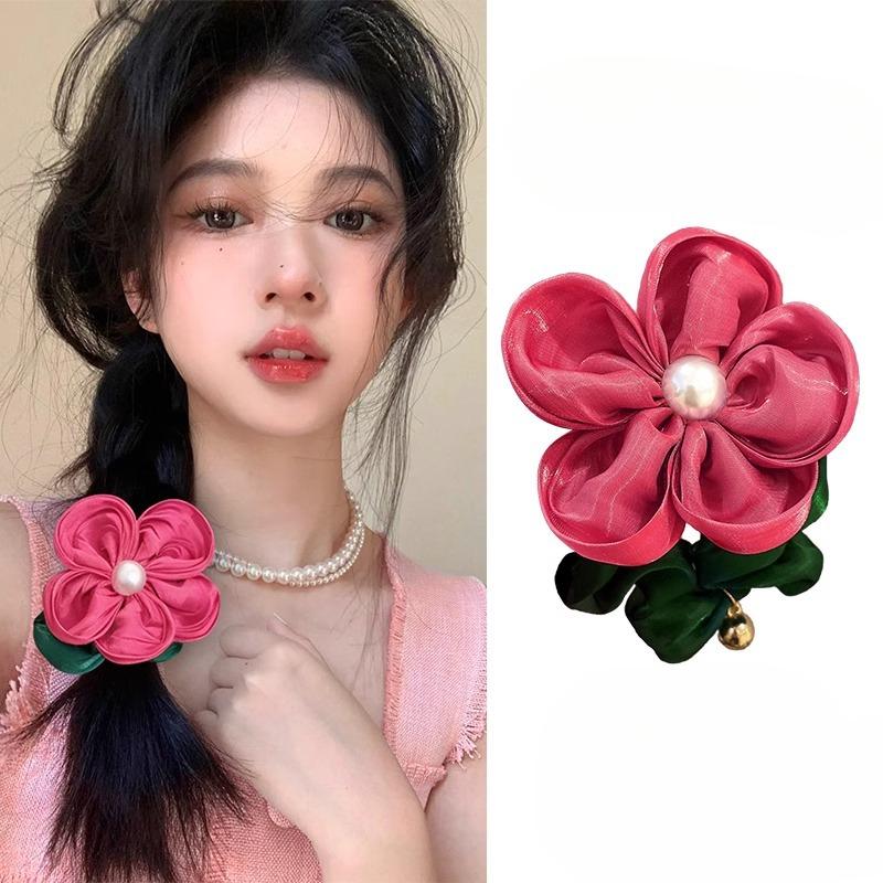 

Розовая резинка для волос с розовой камелией, женская резинка для хвоста, плиссированная резинка для волос с цветком Red hair band(1pc)