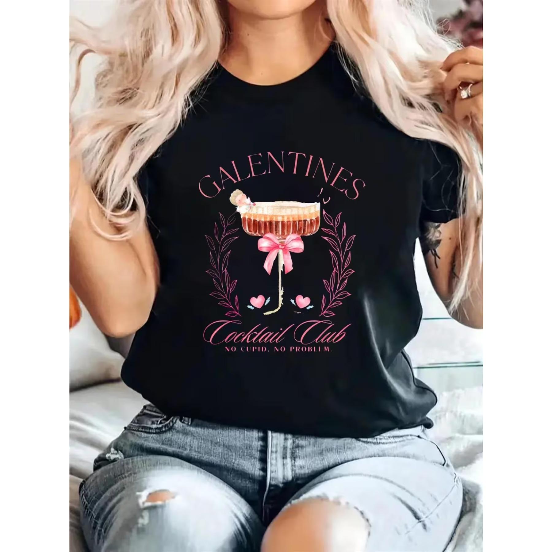 Women s Slim Fit Galentines Cocktail Club T-Shirt - Black Valentines Martini Glass & Pink Roses Graphic Tee S чёрный