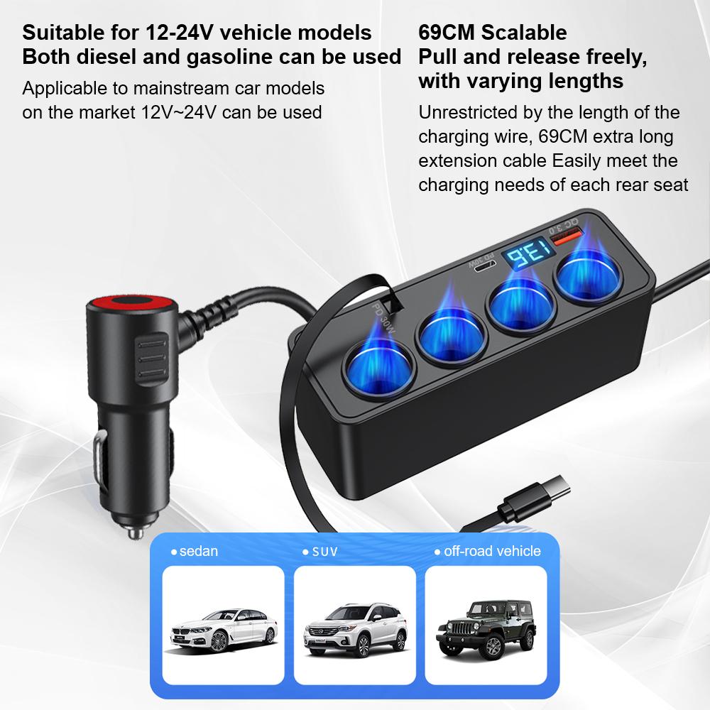 Quick Charge Multifunctional Car Digital Display Vehicle Charger Fast Charging Cable Auto Charger Adapter USB Fast Charging Universal QC3.0+PD TypeC