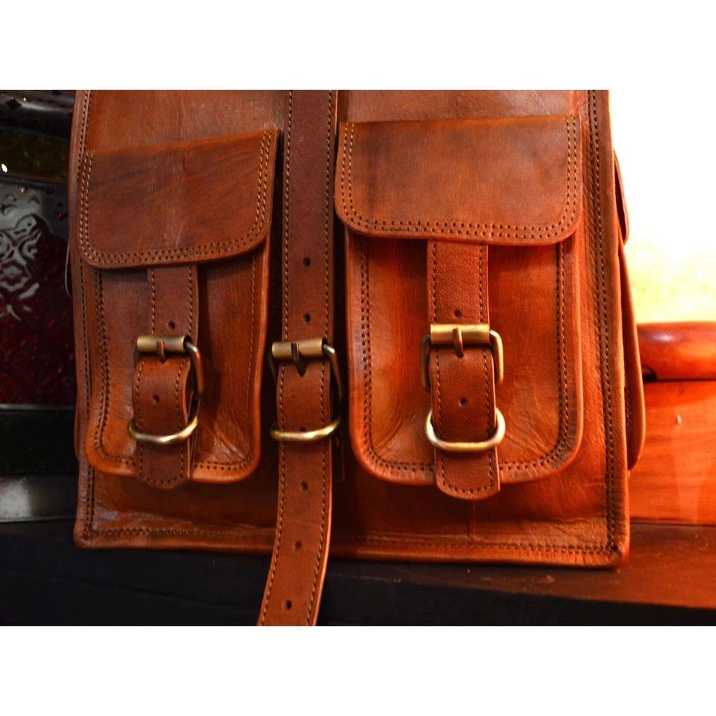Goat Leather Bag Backpack Laptop Rucksack Vintage Travel Brown Genuine Men's New