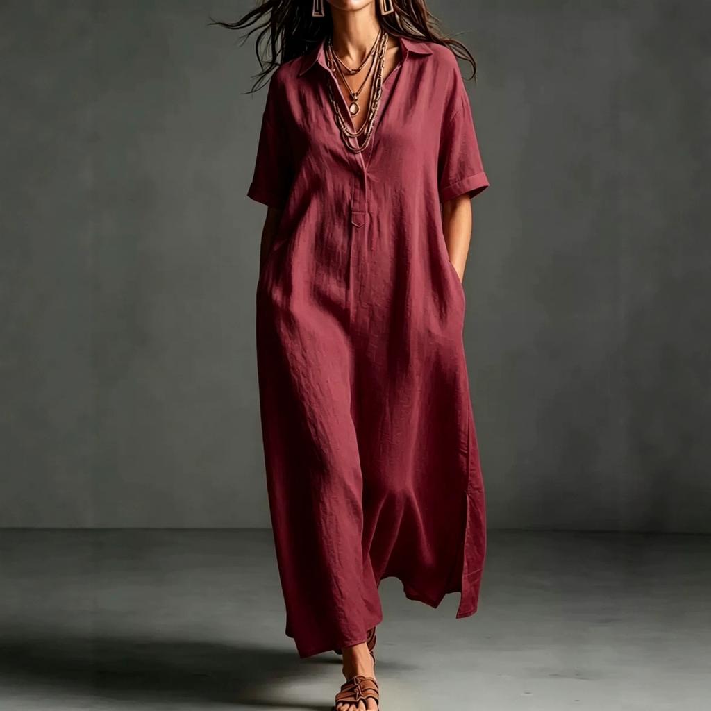 European and American women's clothing spring and summer new cotton and linen simple and elegant solid color short-sleeved lapel dress