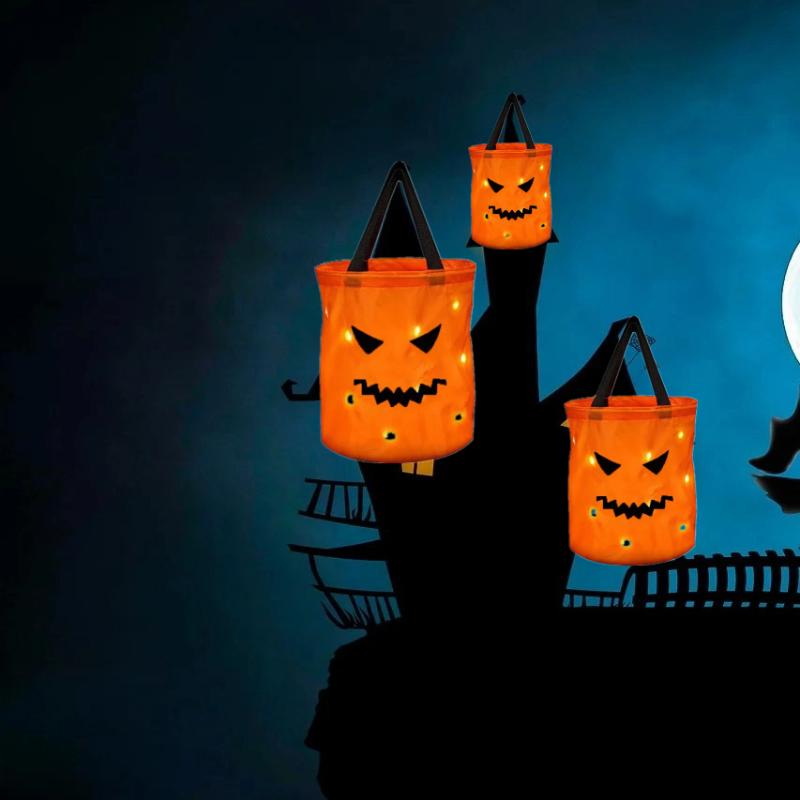 Torba Tote z Dynią na Halloween, Podświetlana Rączka LED, Wielokrotnego Użytku Torba na Cukierki na Trick or Treat dla Dzieci, Dekoracja na Imprezę, Prezent