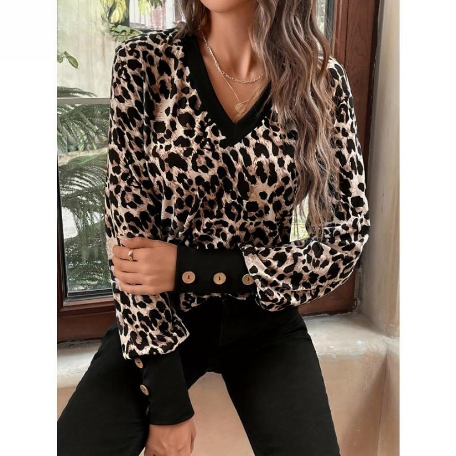 Women's Fashion Casual Spring Autumn Leopard Print Long Sleeve V-Neck Blouses & Shirts