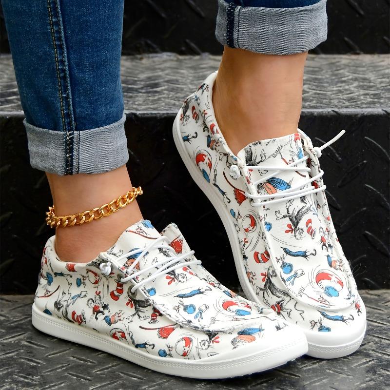 Women's Cartoon Print Flat Loafers, Lightweight Round Toe Comfortable Lace Up Slip On Canvas Shoes, Casual Low Top Shoes