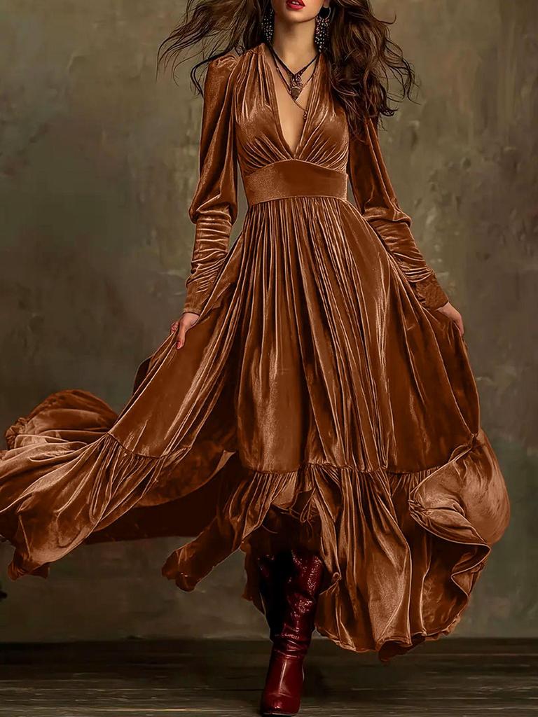 Autumn/Winter 2025 European French Retro V-neck Velvet Ruffle Dress