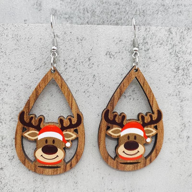Teardrop Santa Claus Bell Car Red Ornaments: Wooden Christmas Earrings