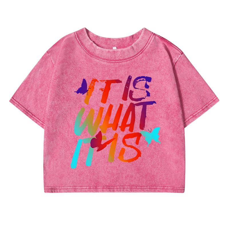 Colored Letters Printingprinting Women Washed Short T-Shirt Casual Street Distress Midriff-Baring T Shirts Breathable Tshirt