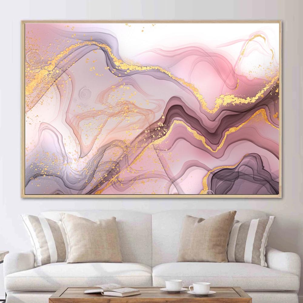 Abstract Pink Gold Porple Marble Poster Prints For Living Room Contemporary Home Decor Nordic Modern Canvas Painting Wall Art (with Frame)