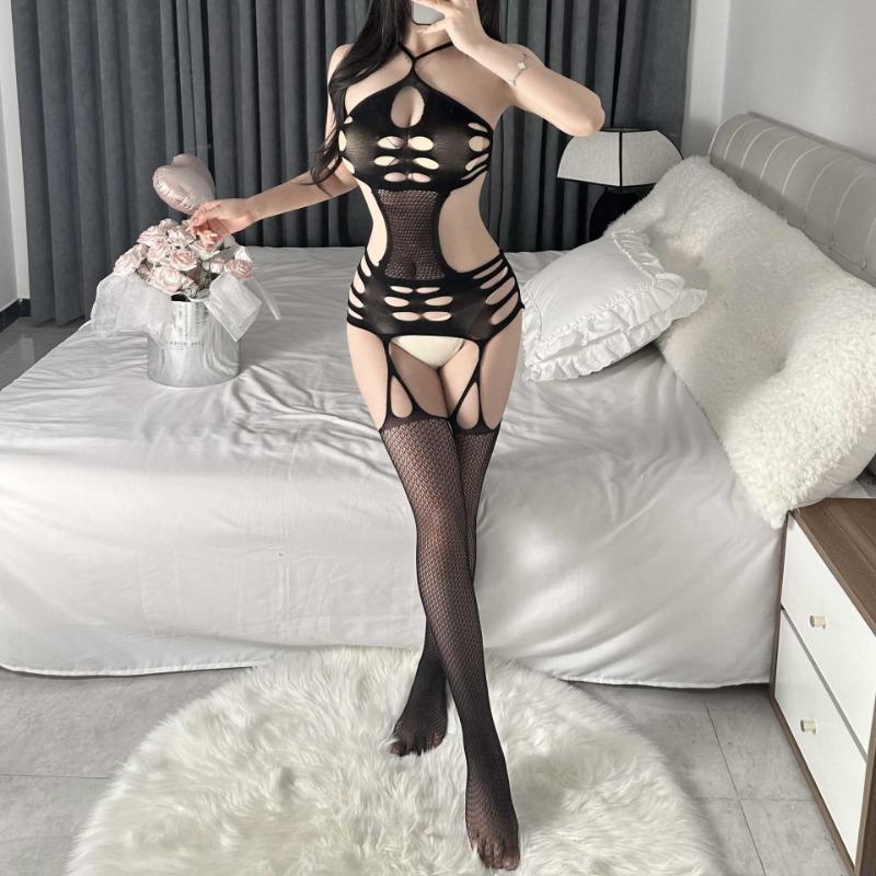 Sex underwear attractive hollowed naked buttocks suspenders integrated sexy hand-torn mesh clothes one-piece black stockings free passion women